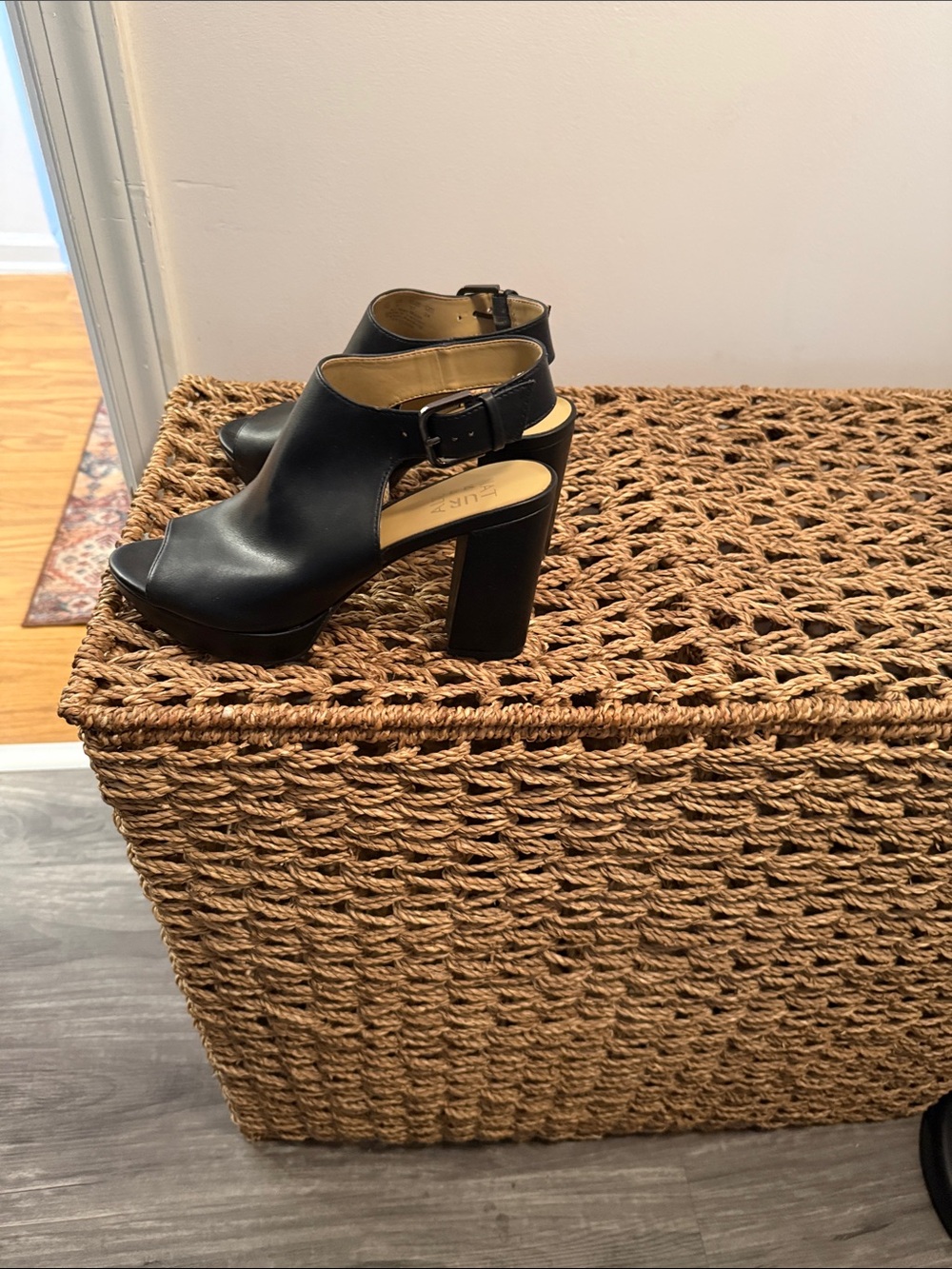 Black Peep-Toe Block Heel Sandals with Buckle